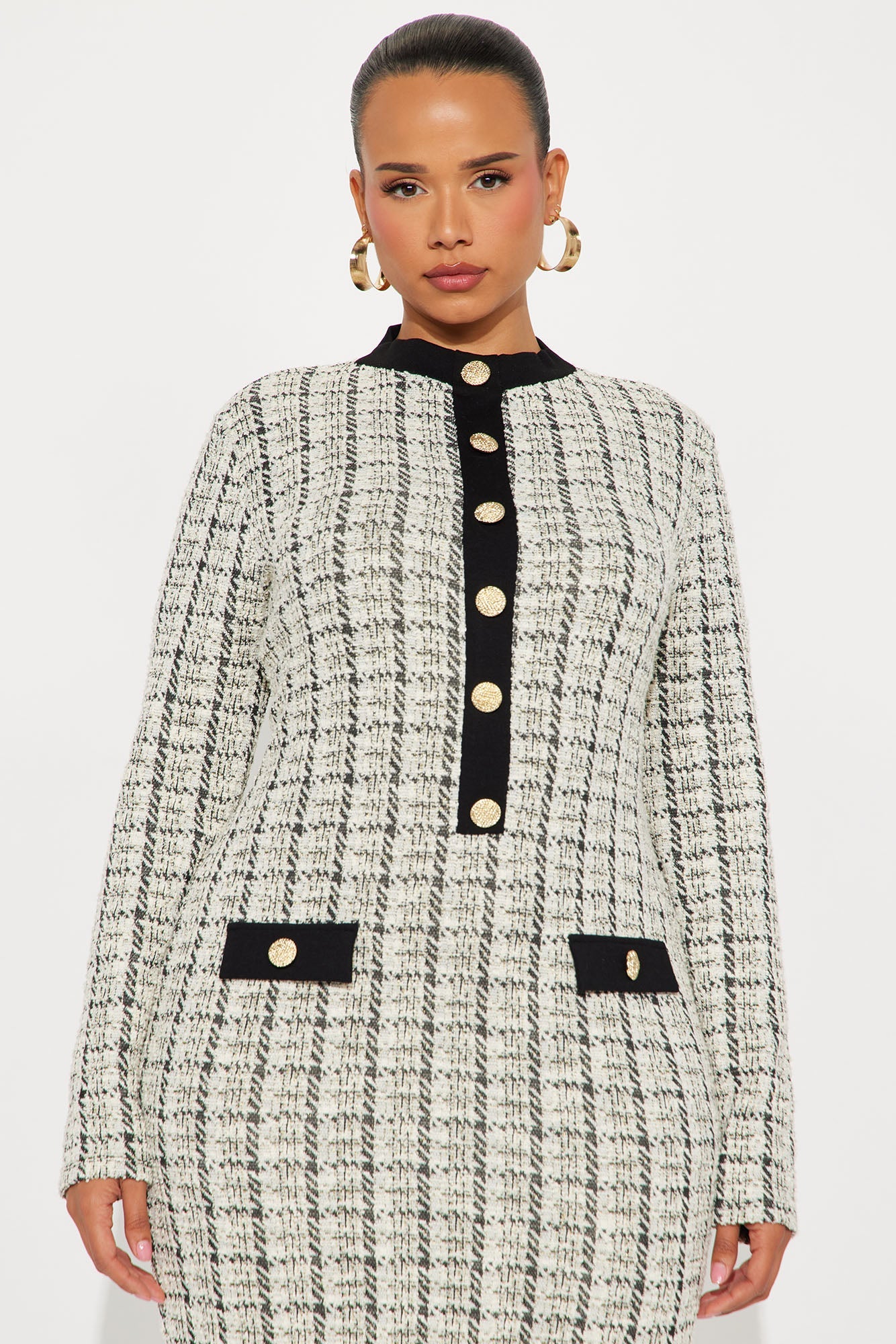 Marissa Tweed Long Sleeve Midi Dress - White/Black