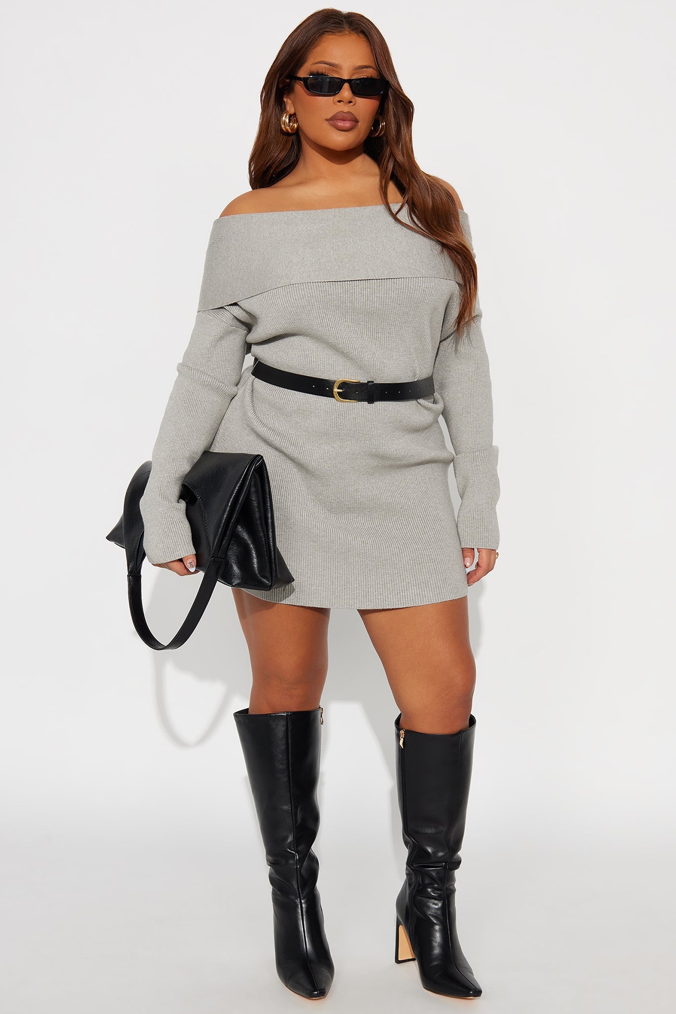 Madeline Off Shoulder Sweater Mini Dress - Grey