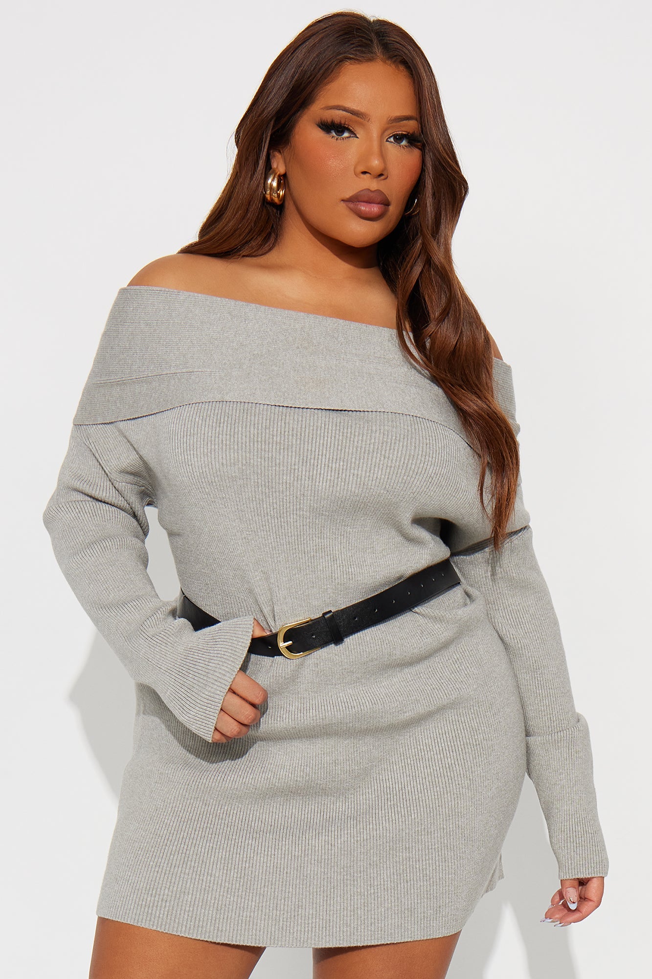Madeline Off Shoulder Sweater Mini Dress - Grey