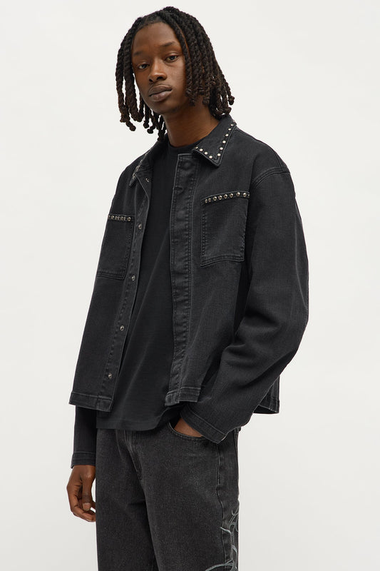 Cropped Studded Work Jacket - Black