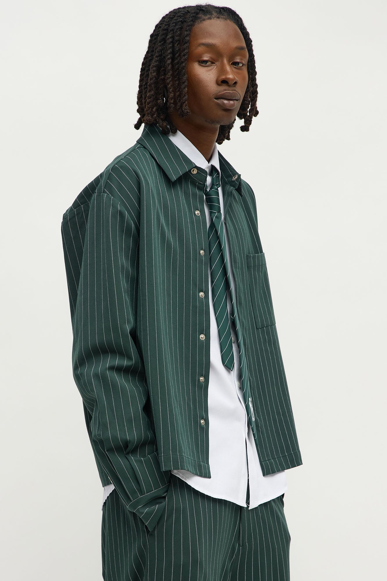 Cropped Striped Button Up Shirt - Green