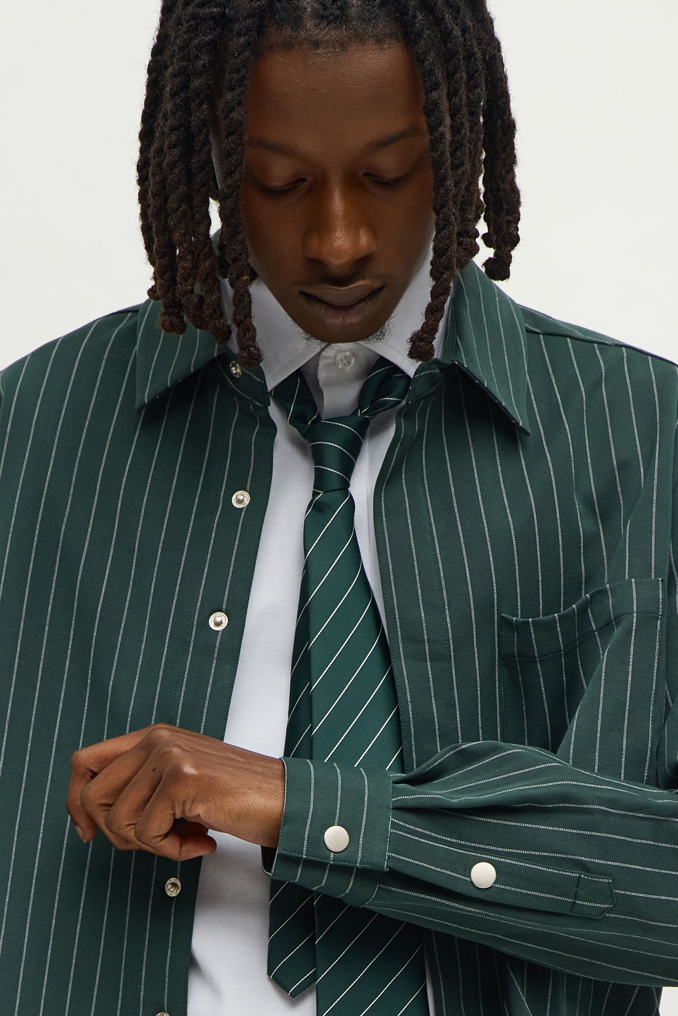 Cropped Striped Button Up Shirt - Green