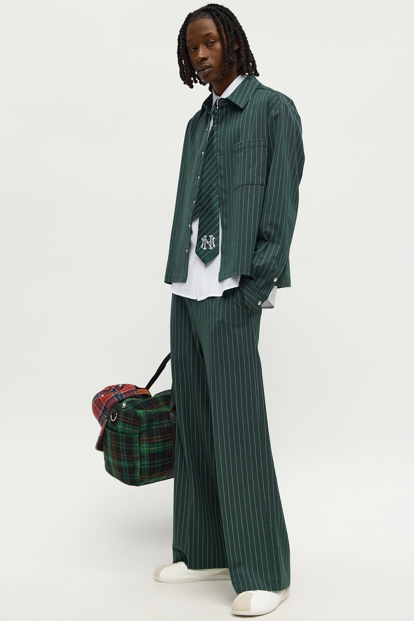 Wide Leg Straight Striped Trouser - Green