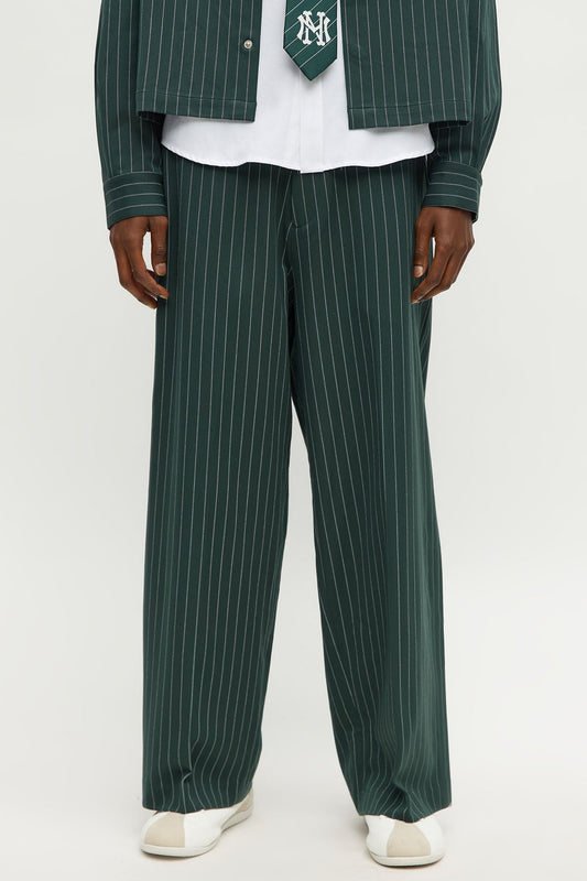Wide Leg Straight Striped Trouser - Green