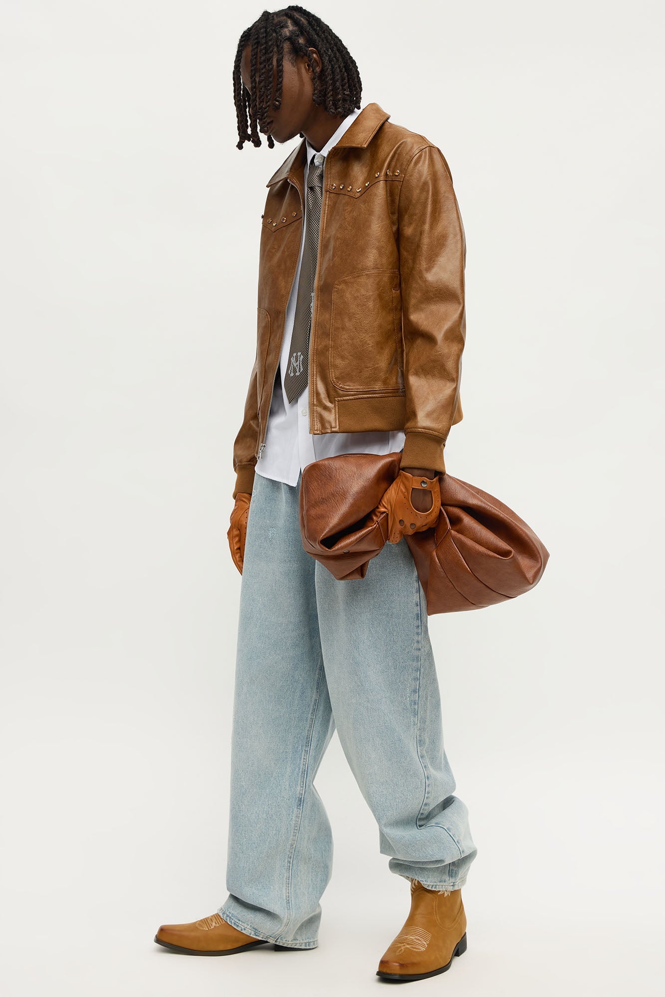 Western Rhinestone Faux Leather Jacket - Brown