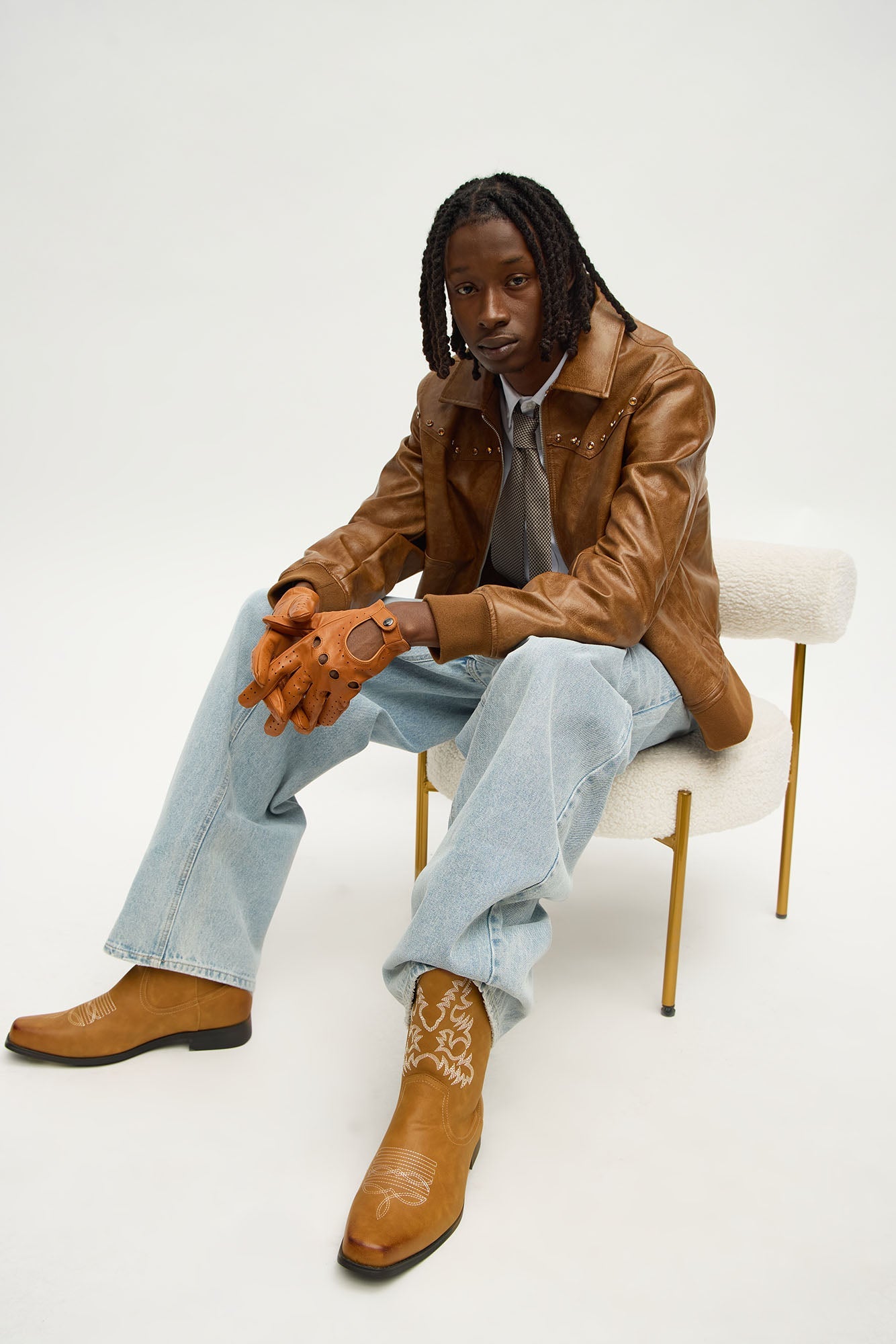 Western Rhinestone Faux Leather Jacket - Brown