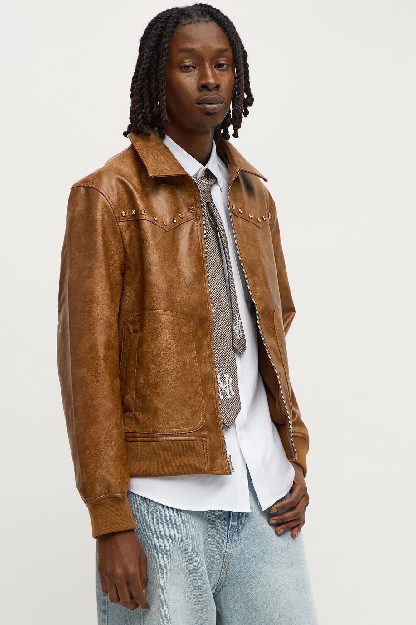 Western Rhinestone Faux Leather Jacket - Brown