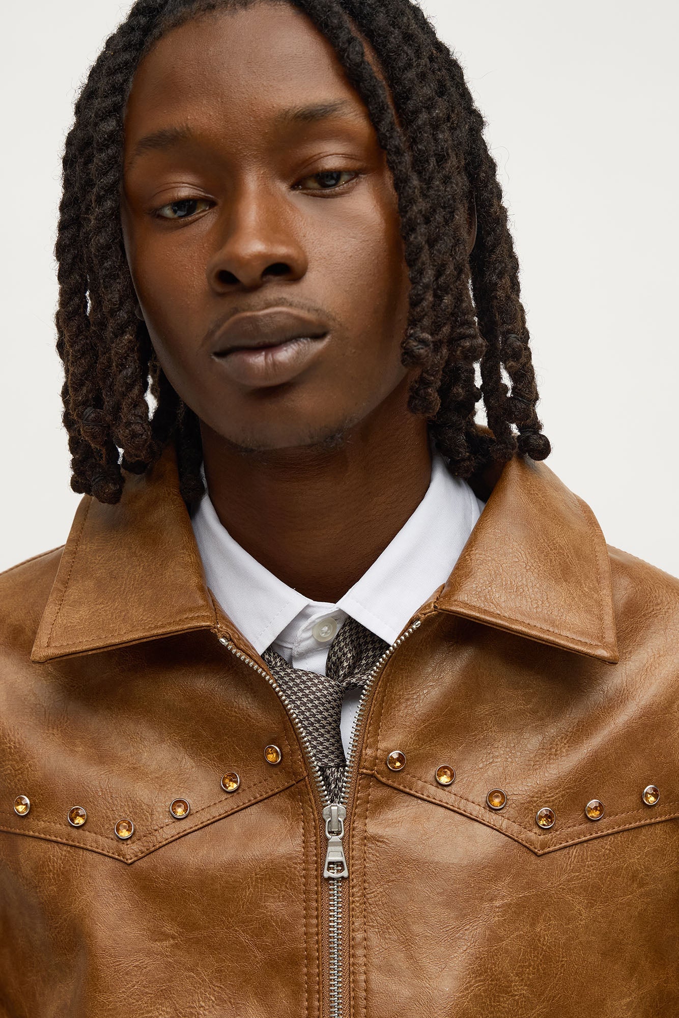 Western Rhinestone Faux Leather Jacket - Brown