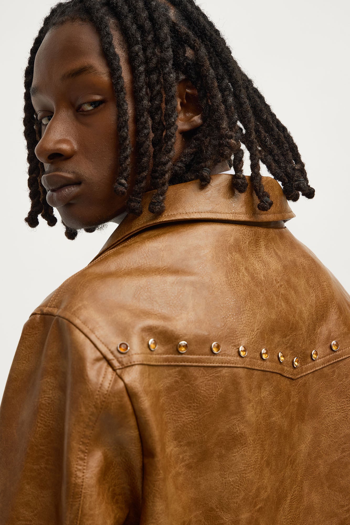 Western Rhinestone Faux Leather Jacket - Brown