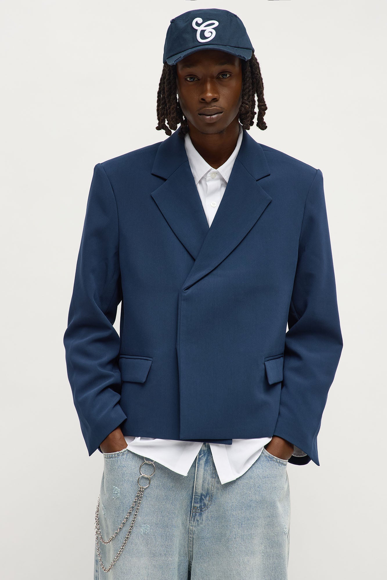 Ronan Cropped Double Breasted Blazer - Navy