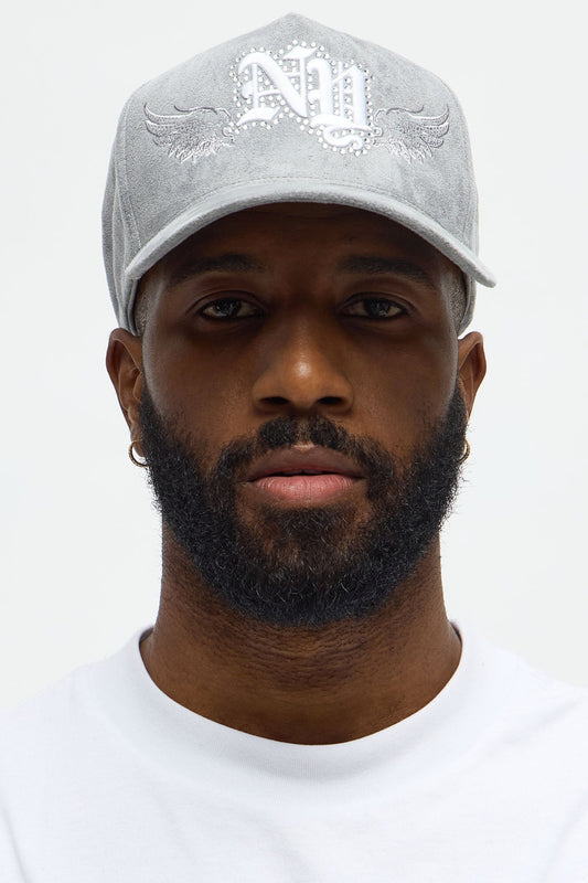 NY Embellished Faux Suede Structured Snapback Hat - Grey