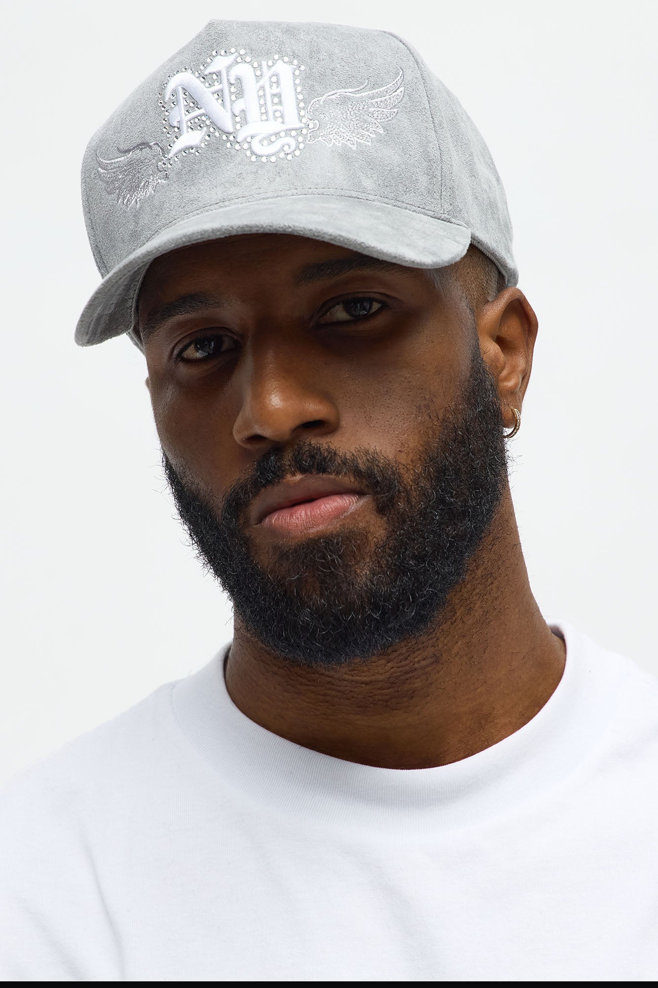 NY Embellished Faux Suede Structured Snapback Hat - Grey