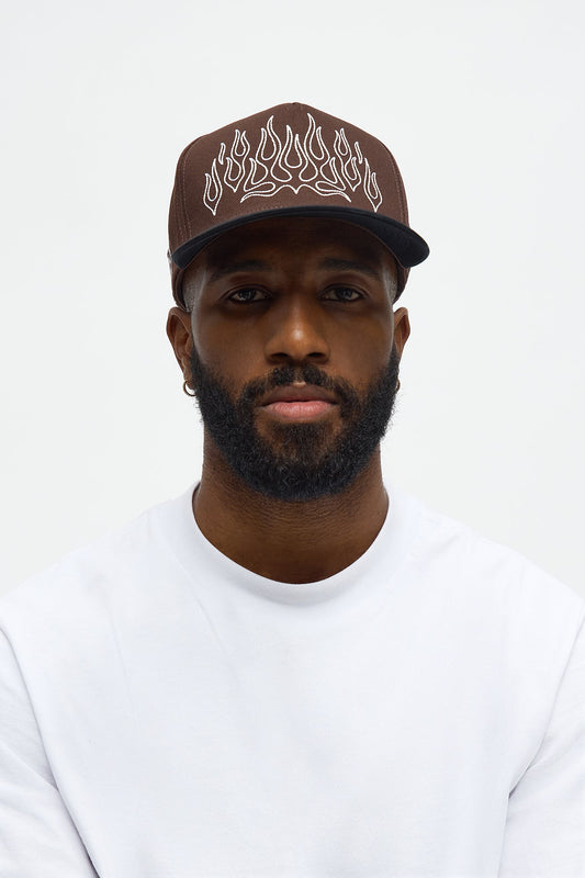 Contrast Stitch Flame Structured Snapback Hat - Brown/combo