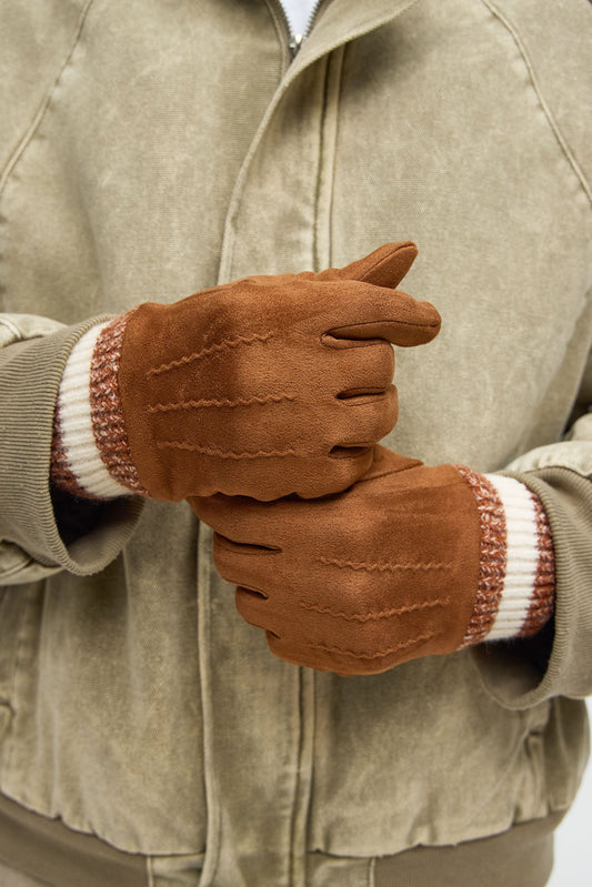 Faux Suede Ribbed Cuff Grip Gloves - Brown