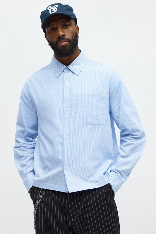 Cropped Top Thingz Striped Long Sleeve Button Up Shirt - Blue