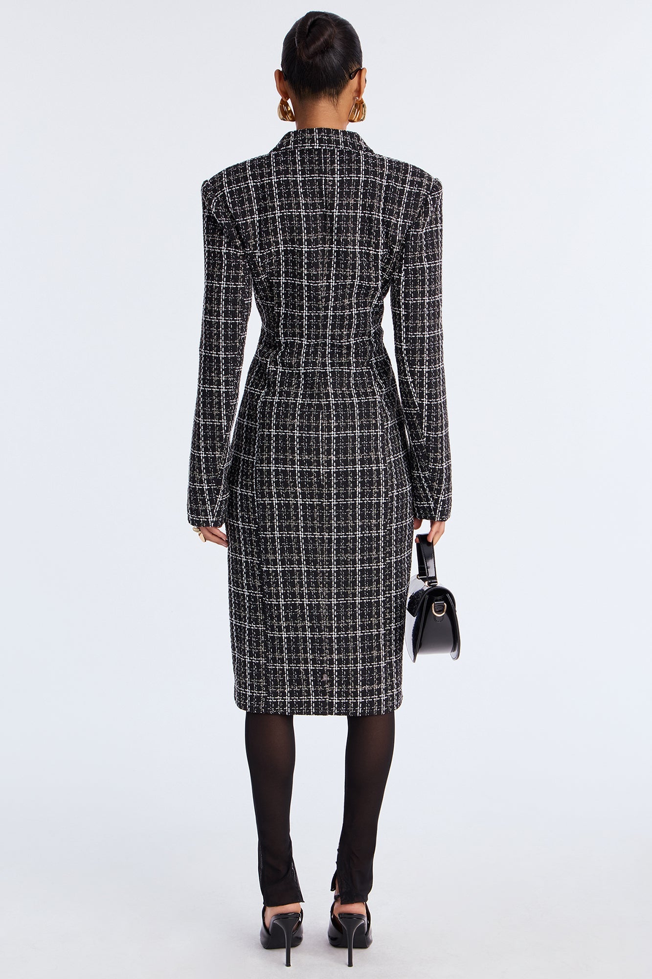 Trisha Button Up Tweed Midi Dress - Black