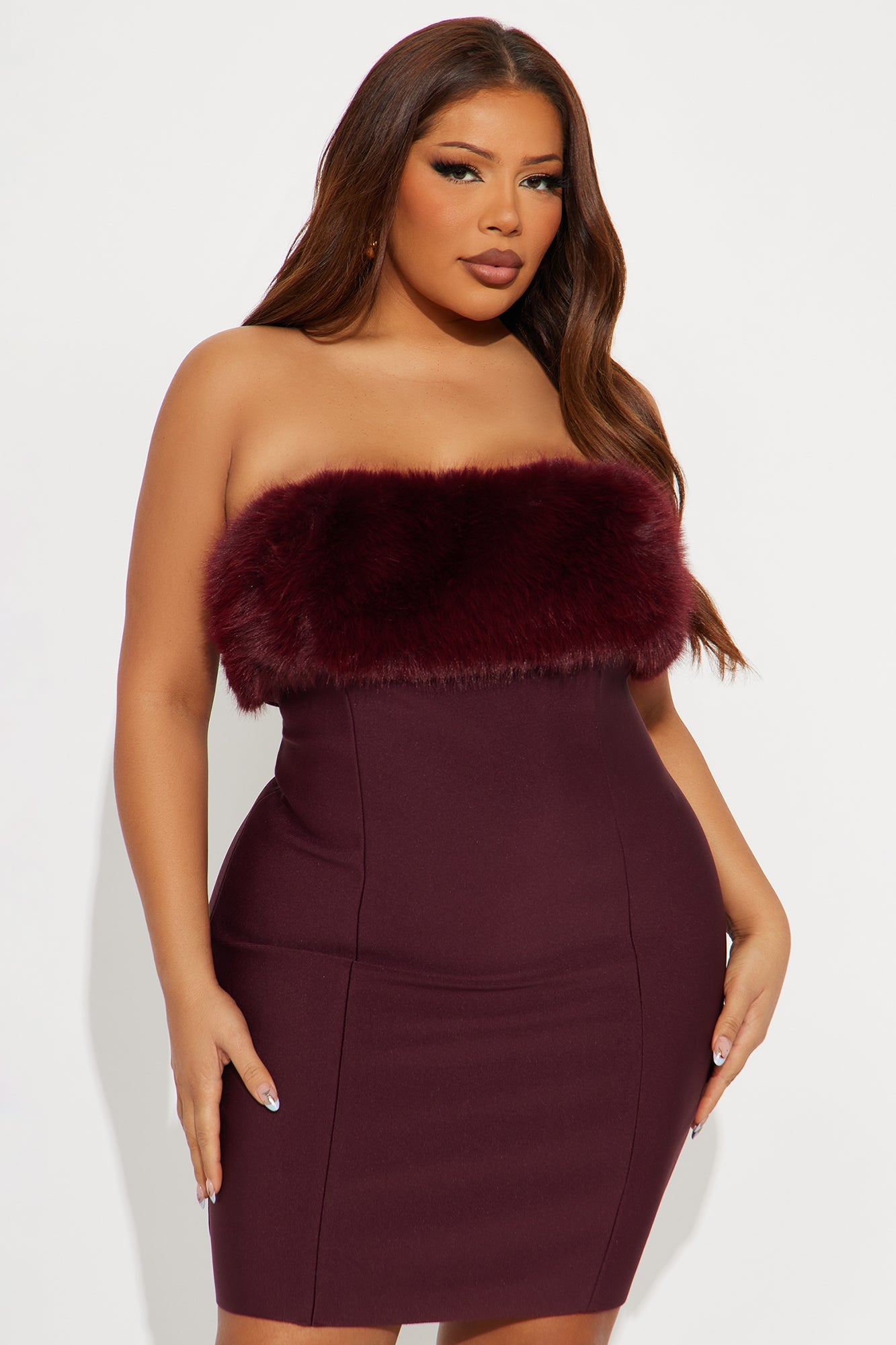 Malika Fur Trim Bandage Mini Dress - Burgundy