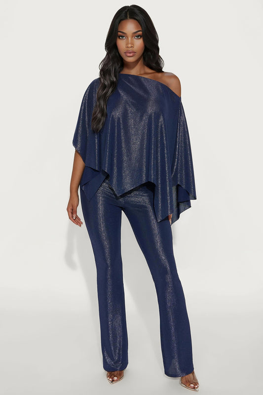 Paige Metallic Knit Draped Pant Set - Navy
