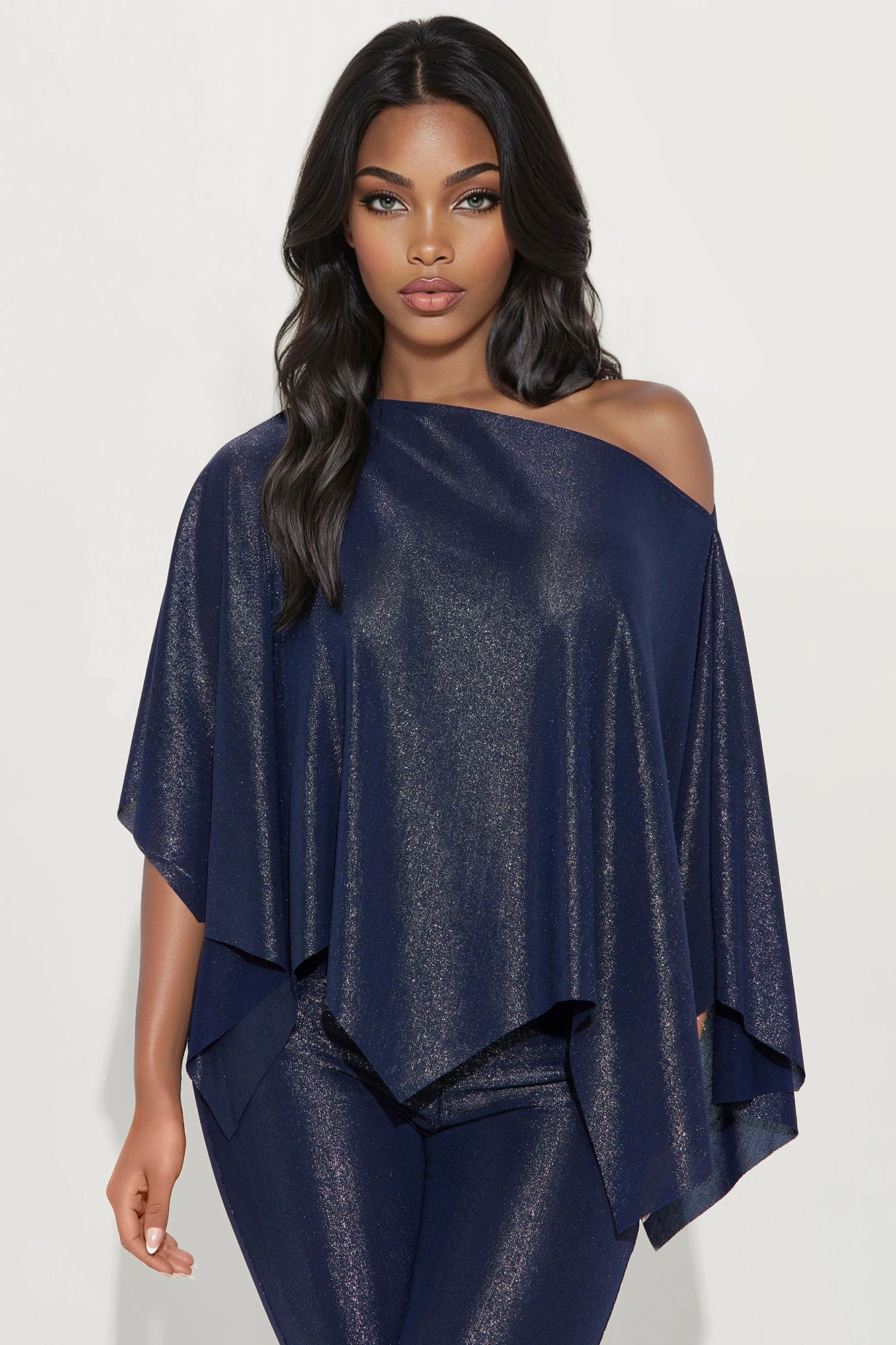 Paige Metallic Knit Draped Pant Set - Navy