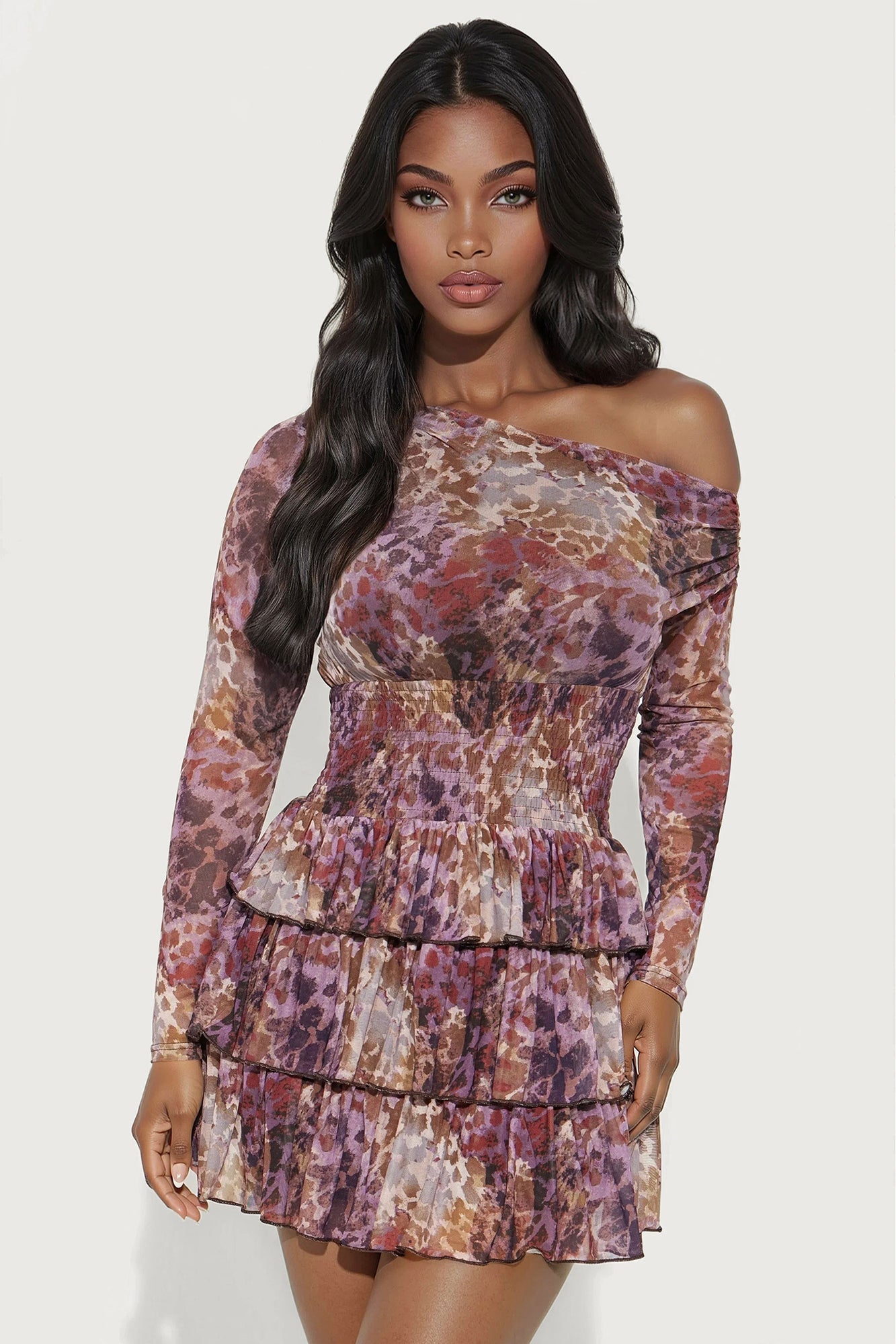 Noor Ruffle Off Shoulder Mesh Mini Dress - Purple/combo