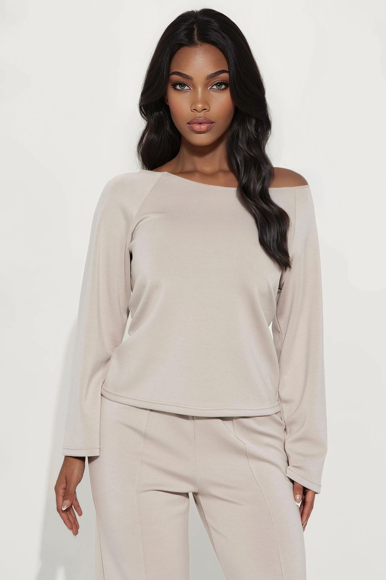 Stephanie Ultra Soft Off Shoulder Sweatshirt - Stone