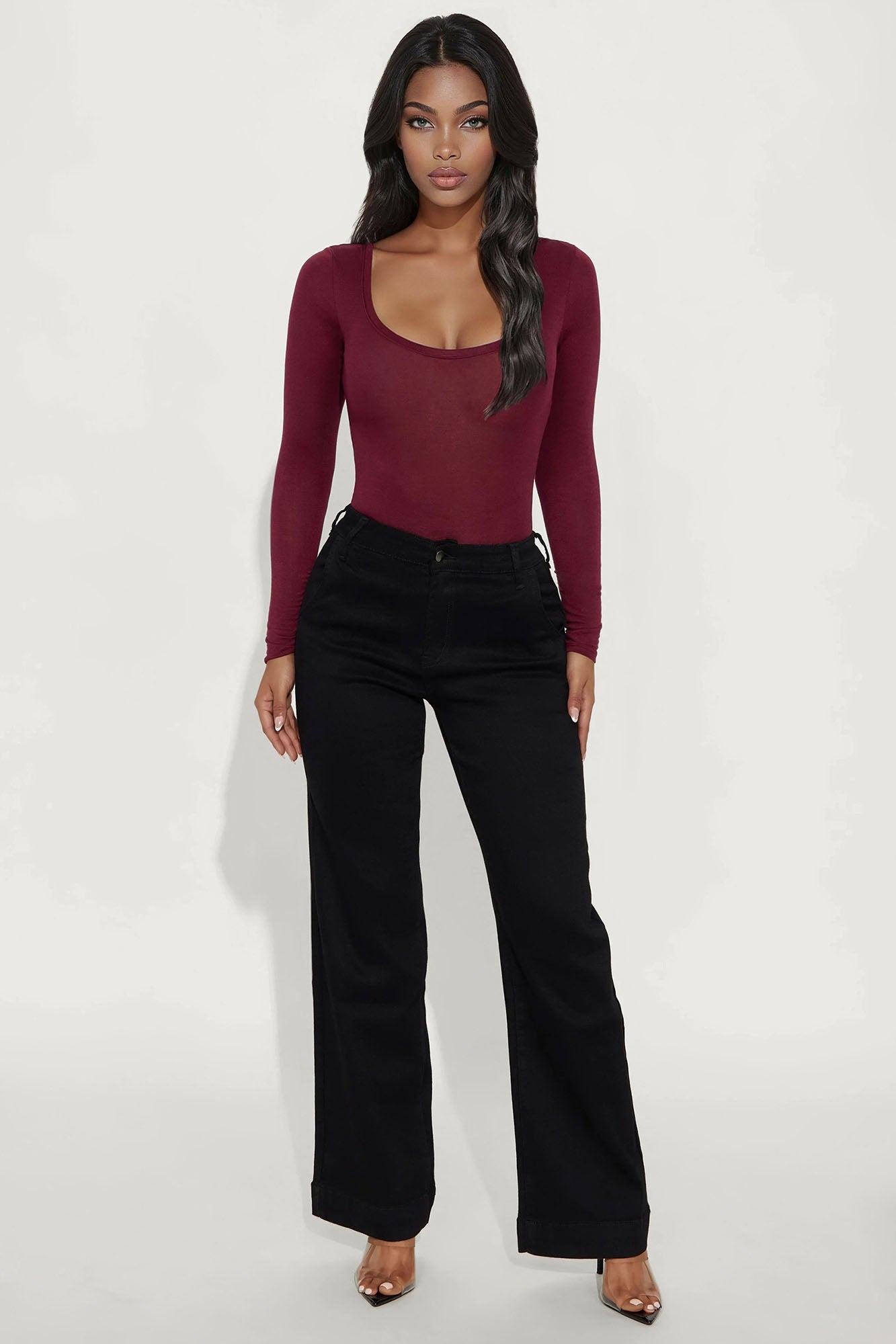 Marlene Scoop Neck Long Sleeve Bodysuit - Burgundy