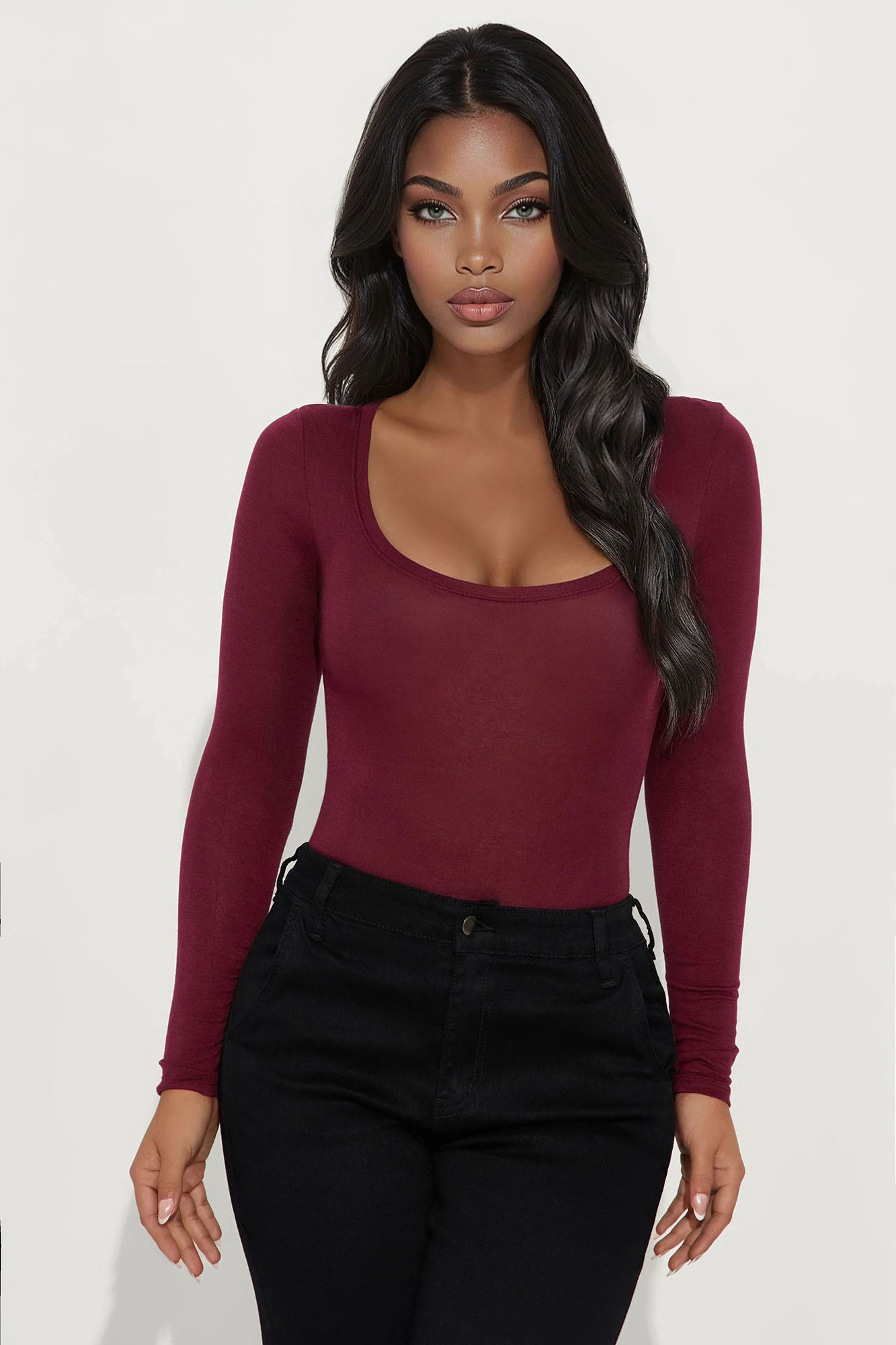 Marlene Scoop Neck Long Sleeve Bodysuit - Burgundy