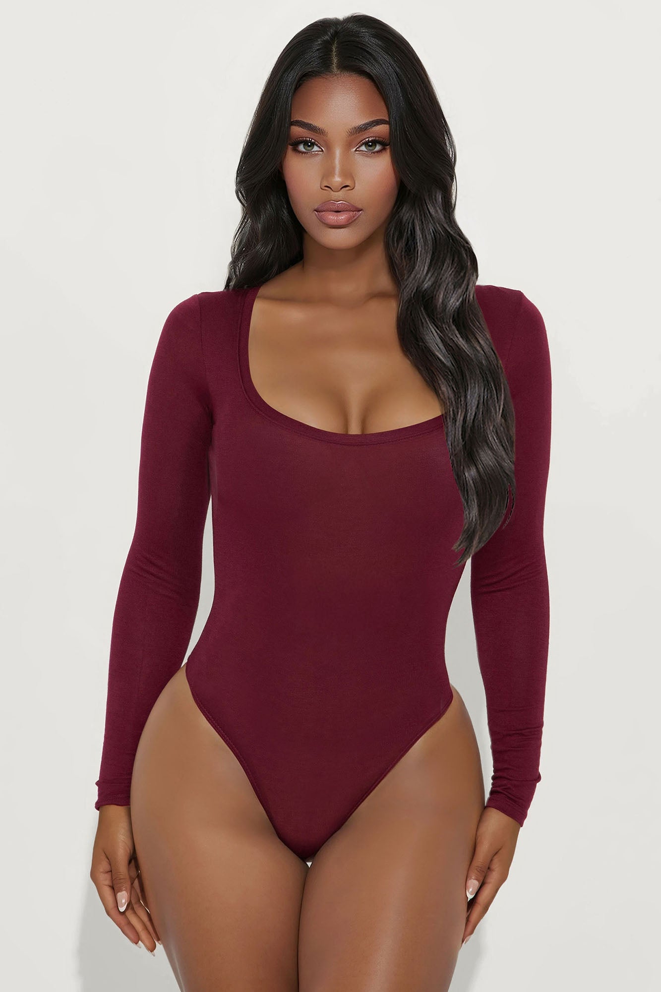 Marlene Scoop Neck Long Sleeve Bodysuit - Burgundy