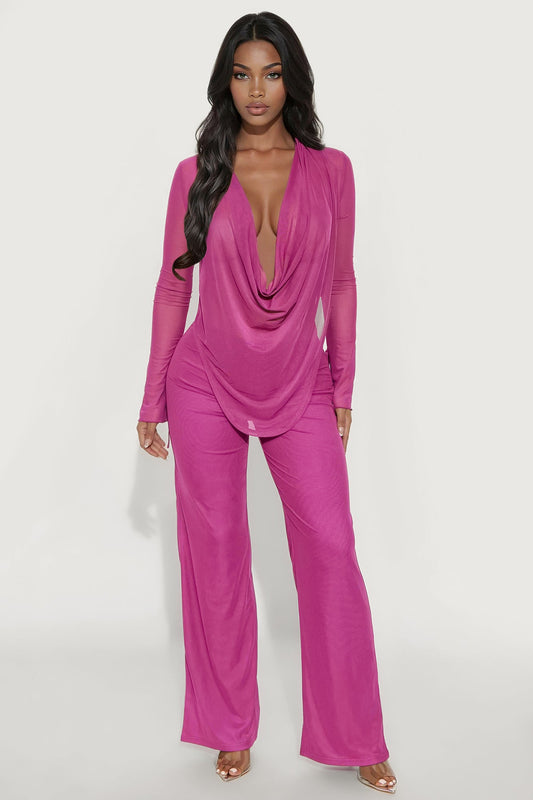 Silent Muse Cowl Neck Mesh Pant Set - Magenta