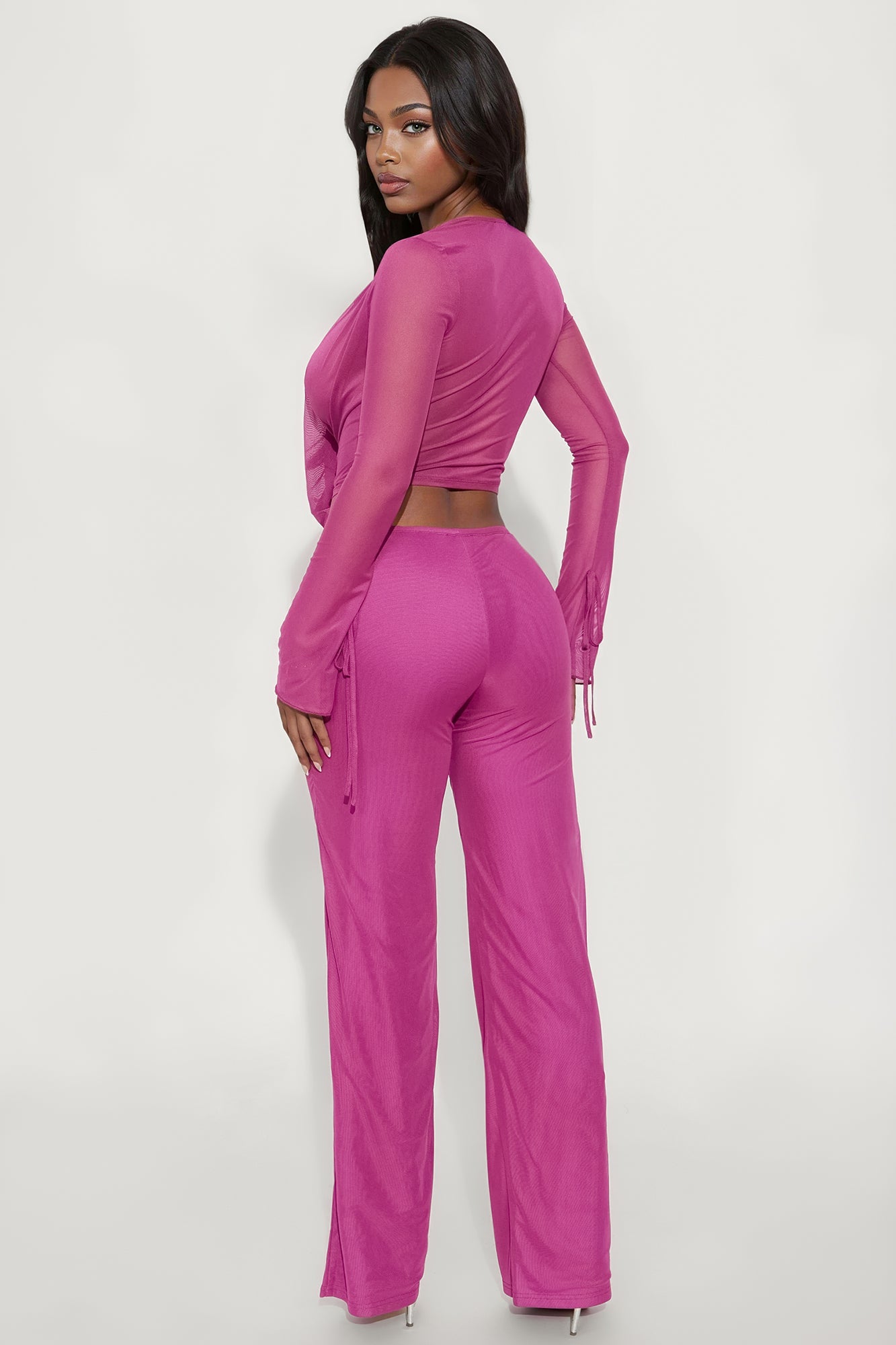 Silent Muse Cowl Neck Mesh Pant Set - Magenta