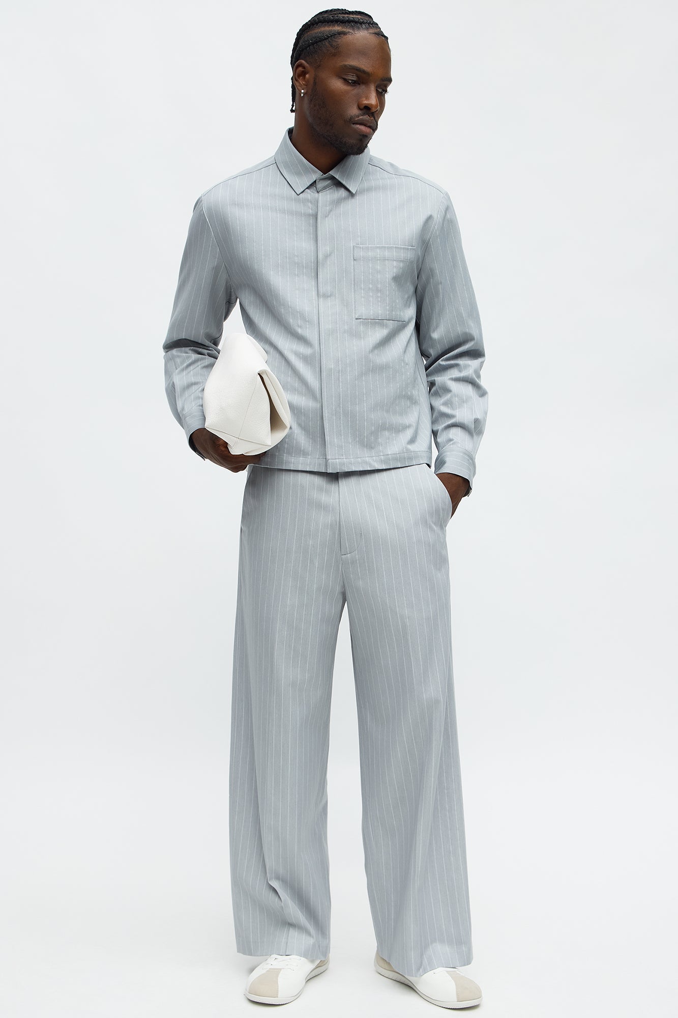 Wide Leg Straight Striped Trouser - Light Blue