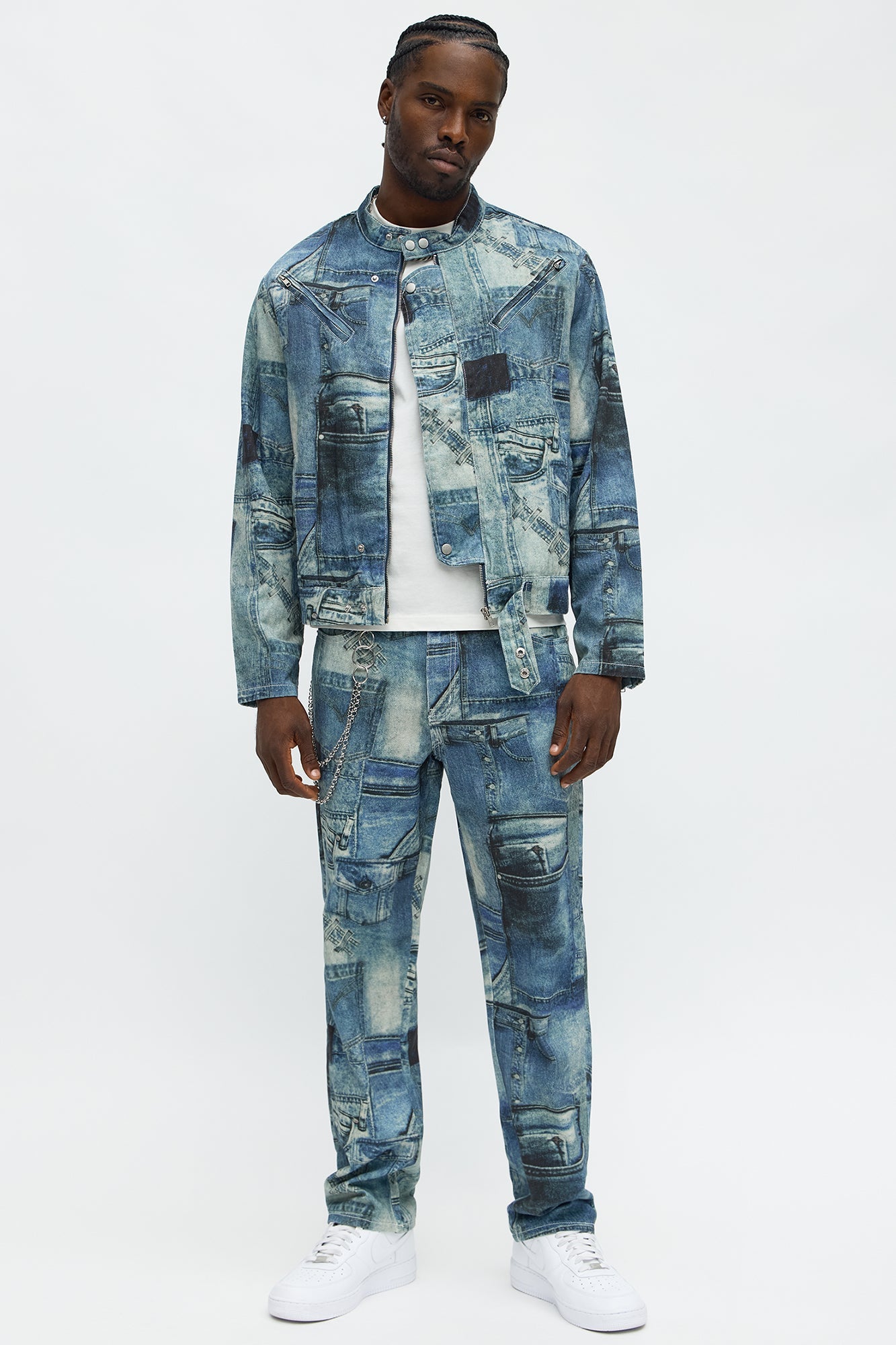 Denim Printed Moto Jacket - Blue