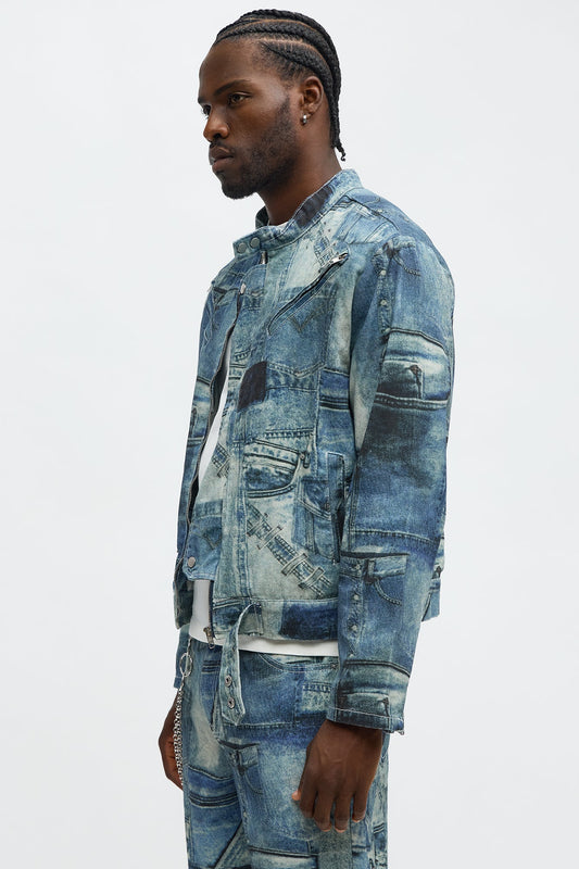 Denim Printed Moto Jacket - Blue