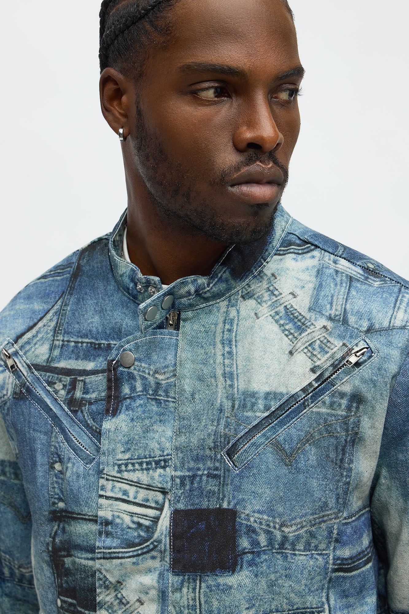 Denim Printed Moto Jacket - Blue