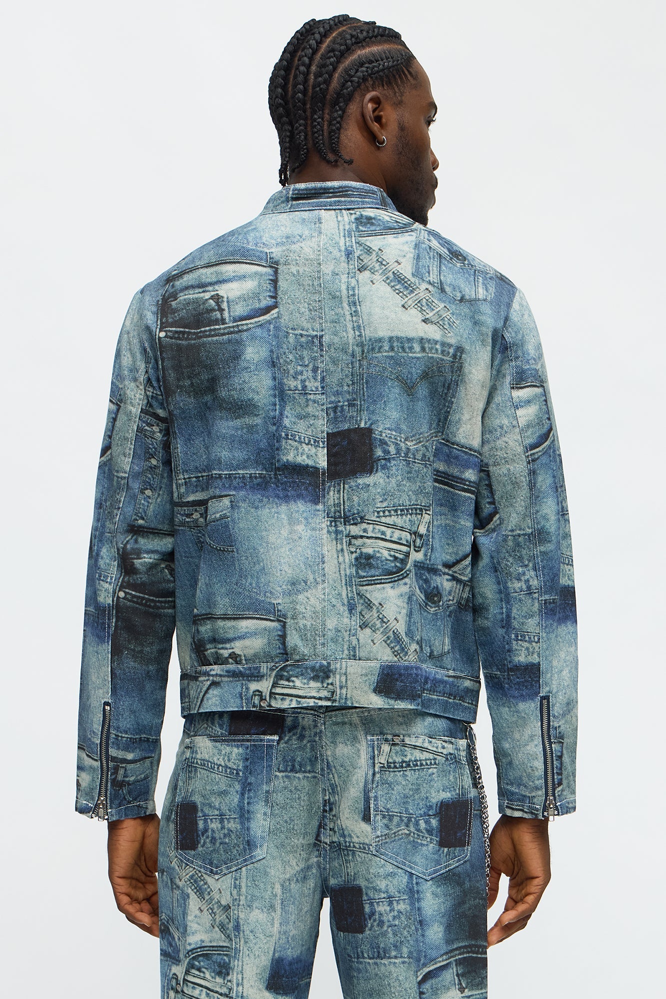 Denim Printed Moto Jacket - Blue