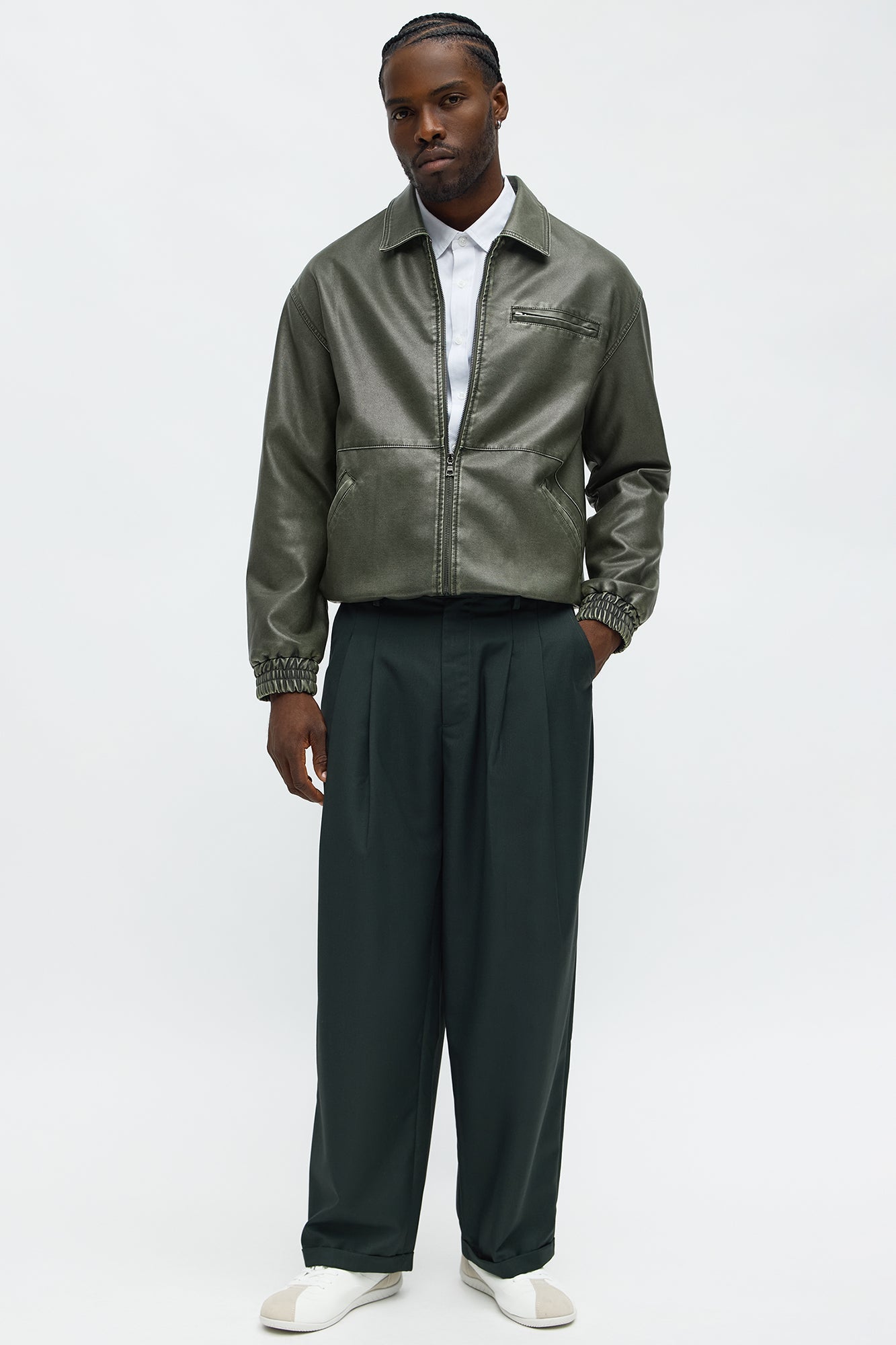 Relaxed Faux Leather Blurred Lines Zip Jacket - Green