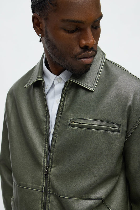 Relaxed Faux Leather Blurred Lines Zip Jacket - Green