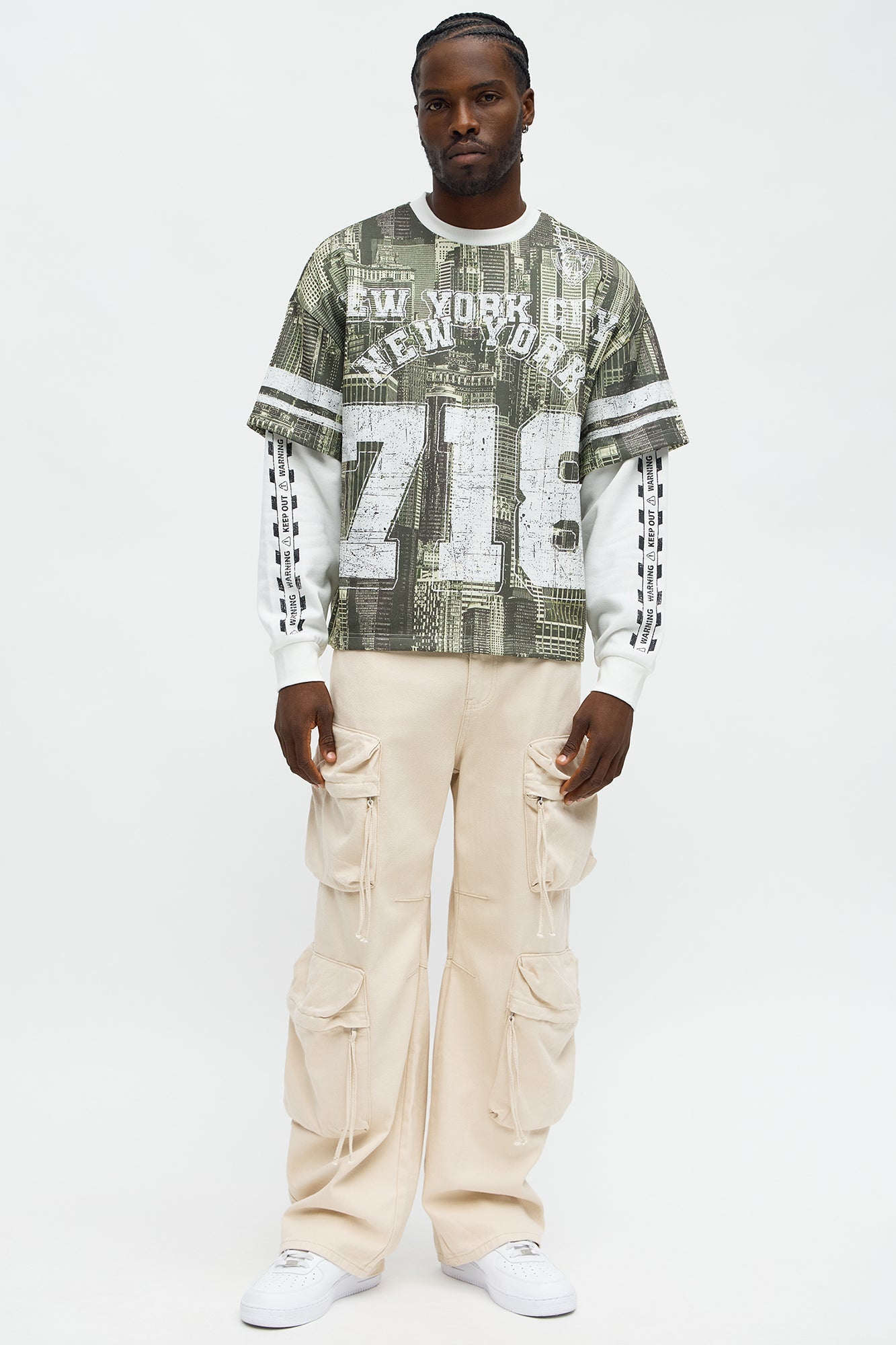 Oversized Concrete Jungle Skylines Long Sleeve Tee - Green/combo