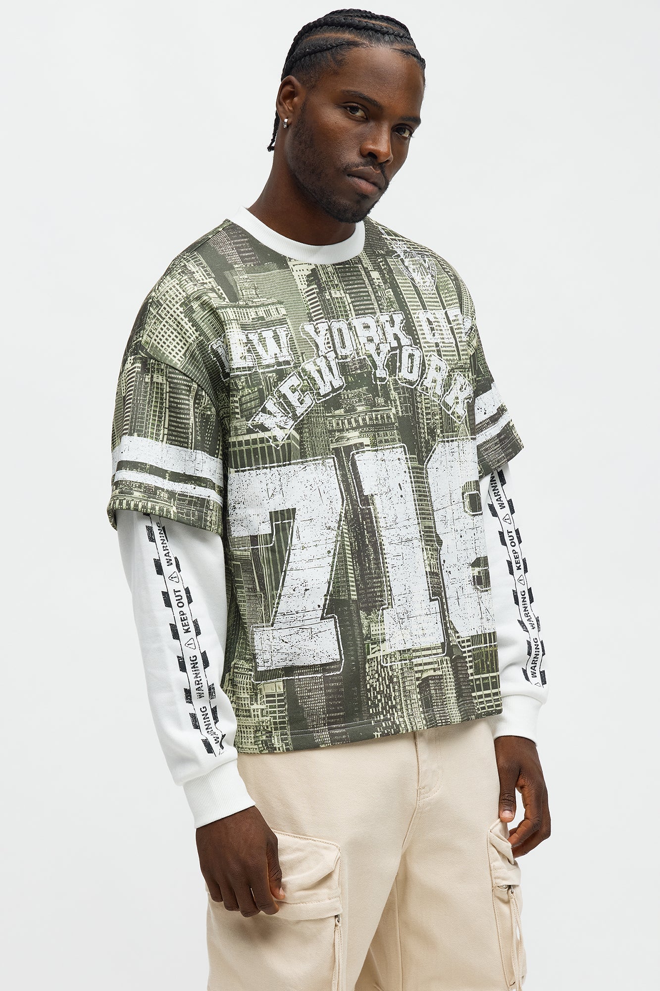 Oversized Concrete Jungle Skylines Long Sleeve Tee - Green/combo