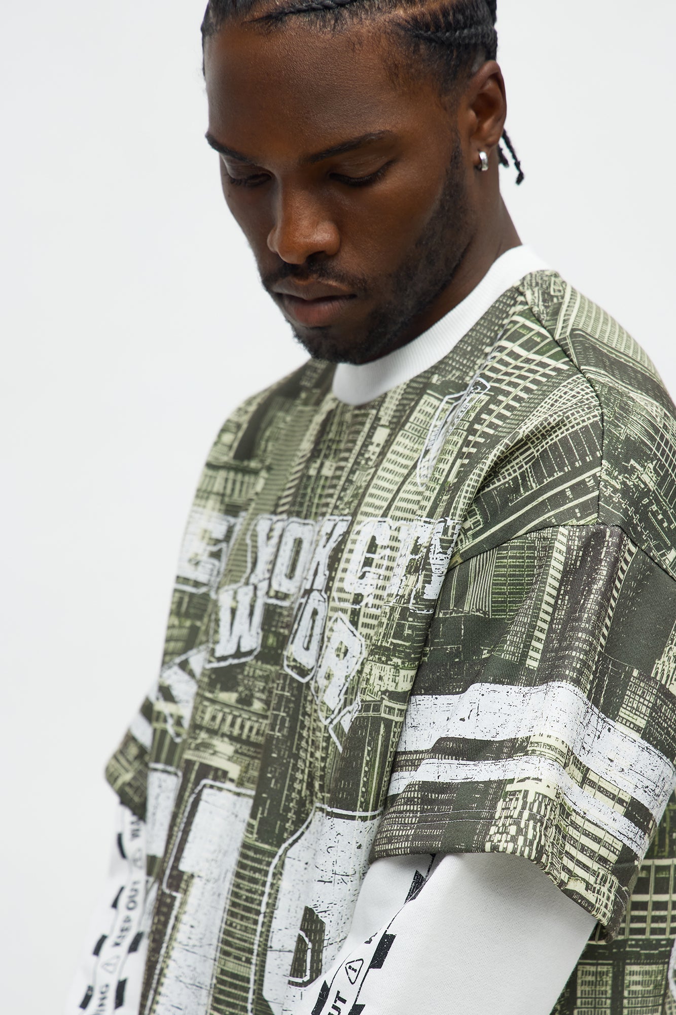 Oversized Concrete Jungle Skylines Long Sleeve Tee - Green/combo