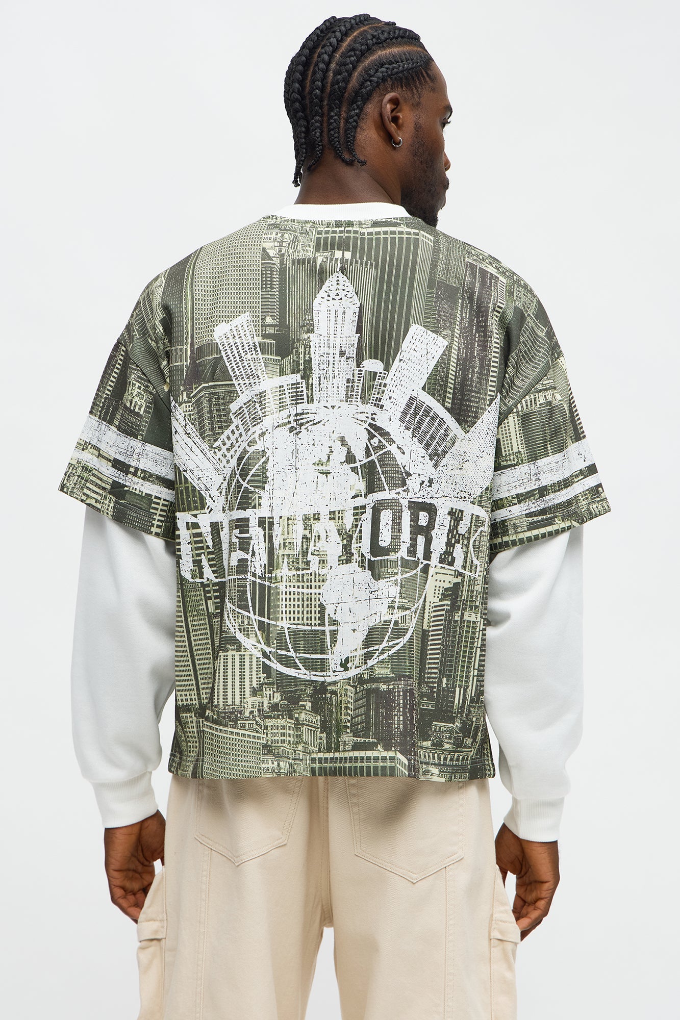 Oversized Concrete Jungle Skylines Long Sleeve Tee - Green/combo