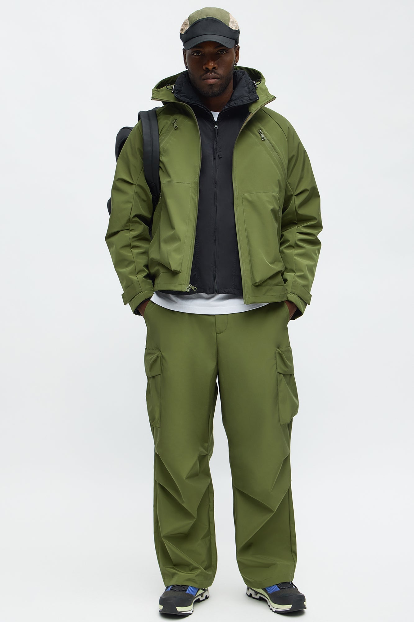 Relaxed Peak Hooded Tech Zip Jacket - Olive