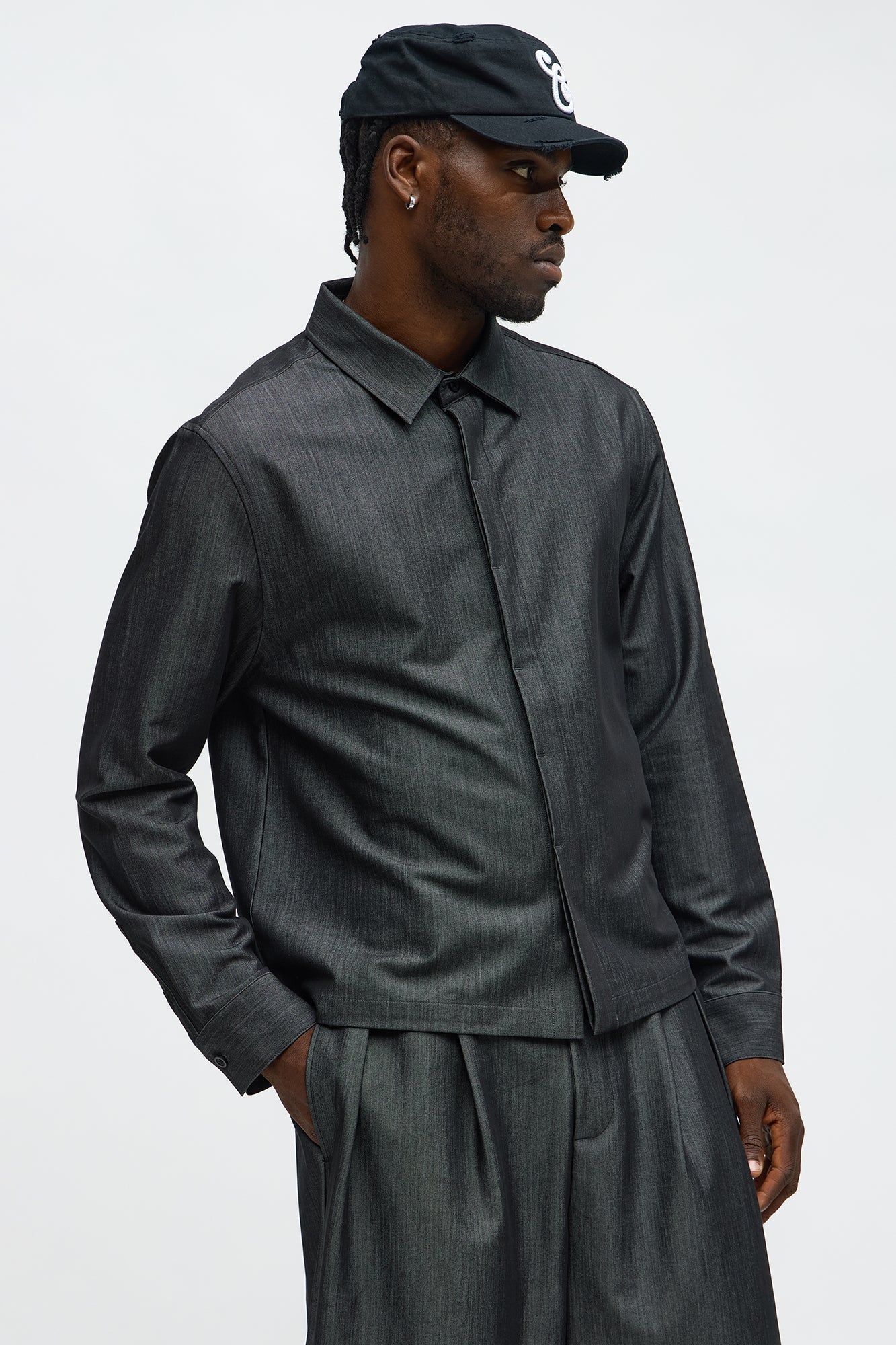 Cropped Bold Flow Button Up Shirt - Charcoal