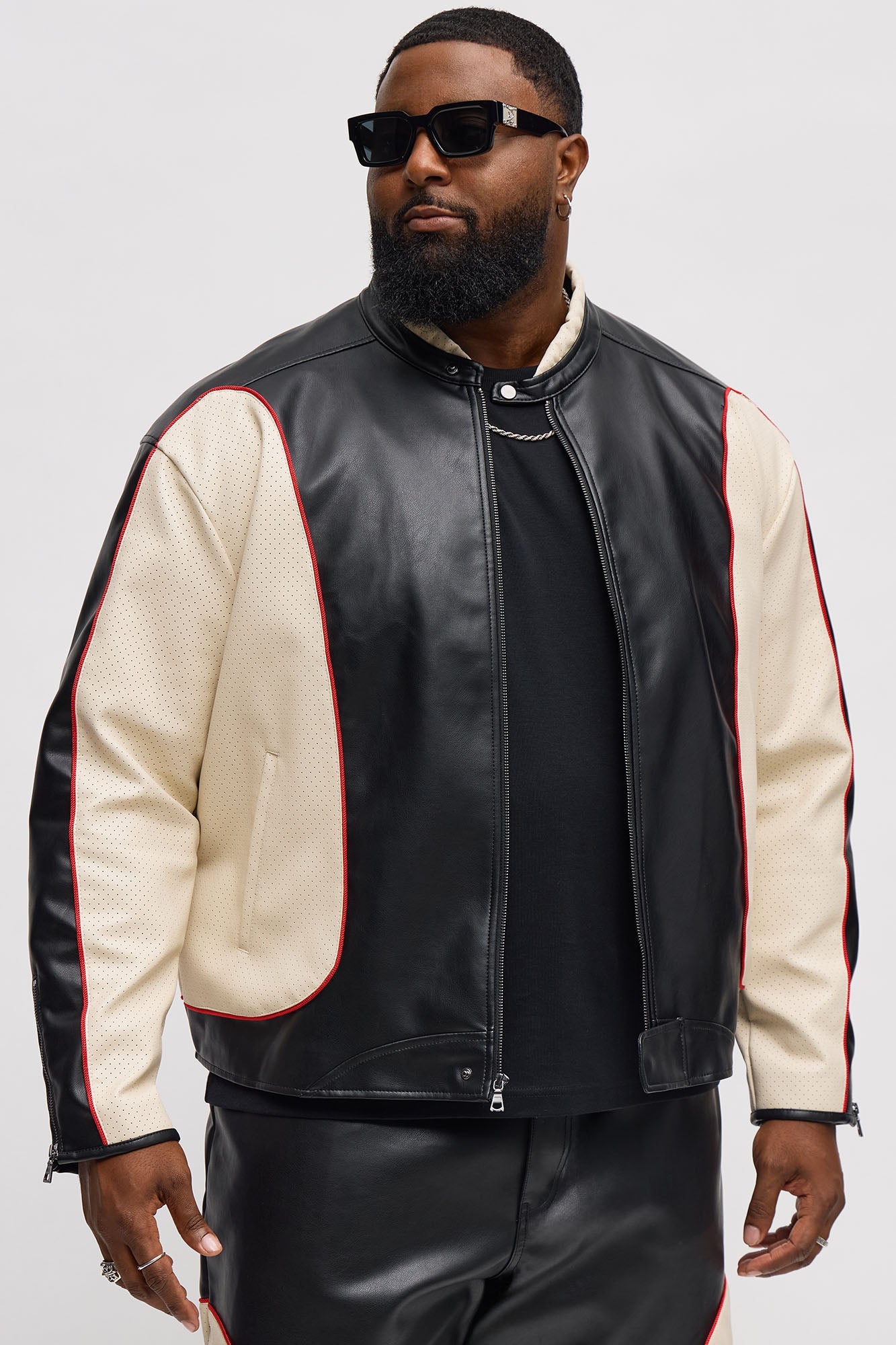 Relaxed Faux Leather Paneled Moto Jacket - Black/combo