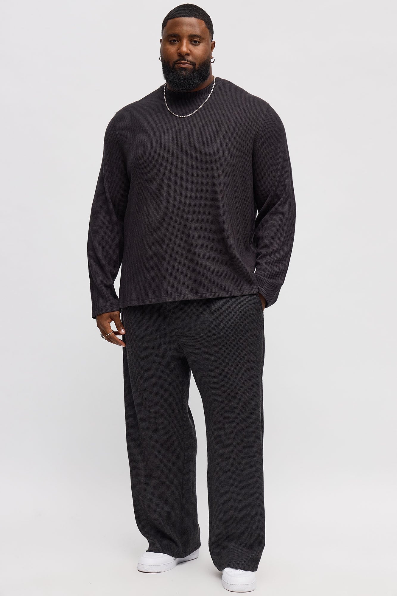 Relaxed Straight Cozy Waffle Textured Pant - Charcoal