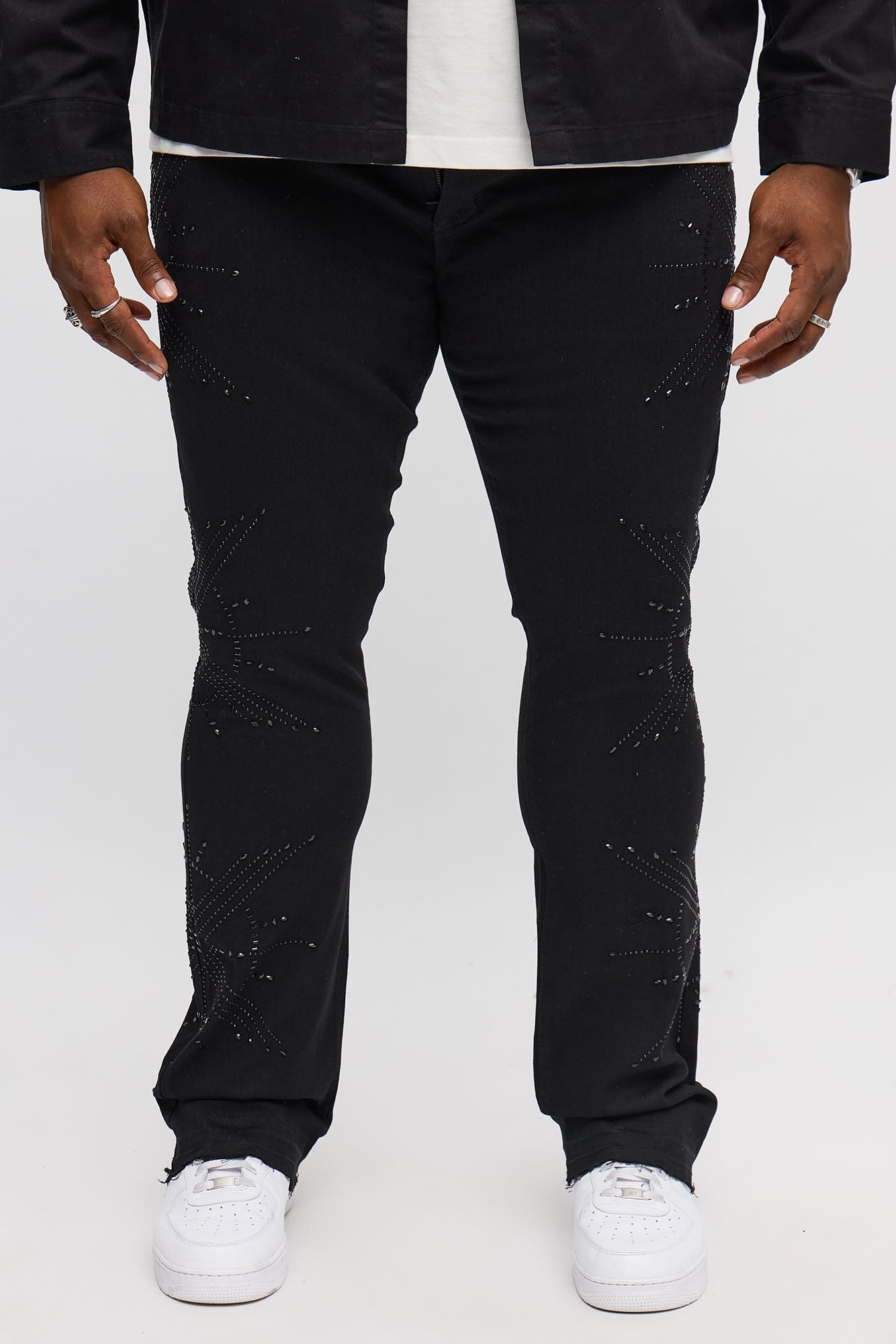 Stacked Skinny Flare Within Star Jeweled Jean - Black