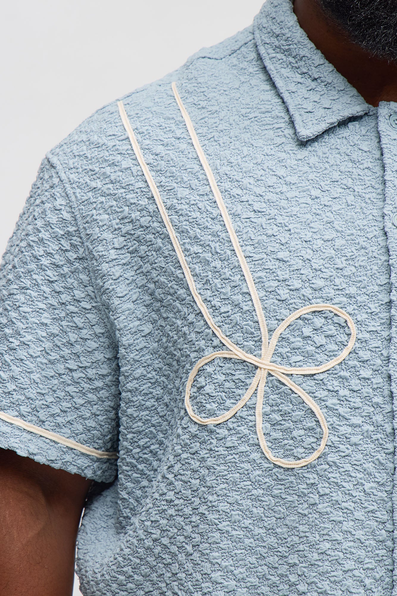 Boxy Soho Weave Applique Textured Button Up Shirt - Light Blue