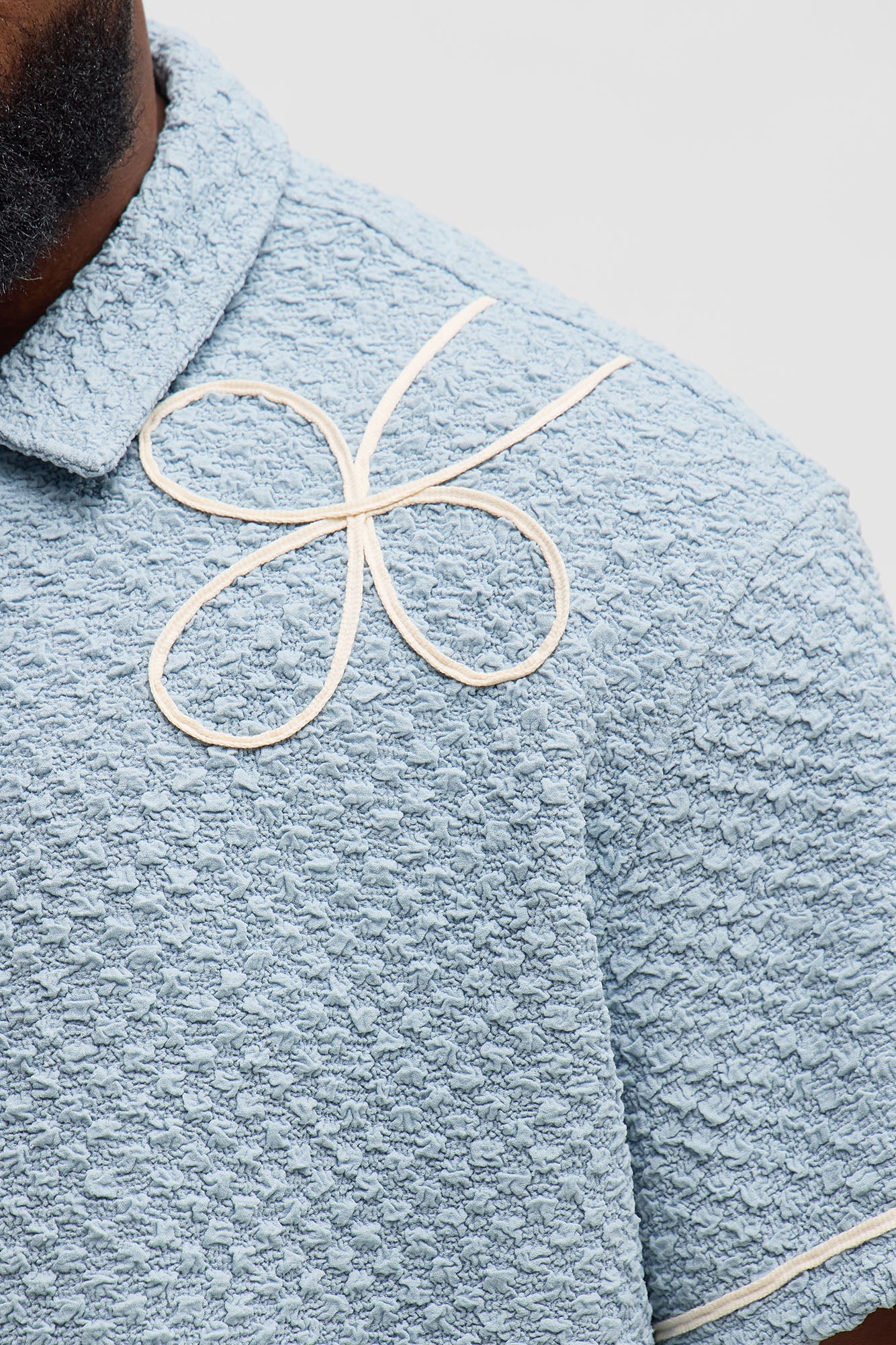 Boxy Soho Weave Applique Textured Button Up Shirt - Light Blue