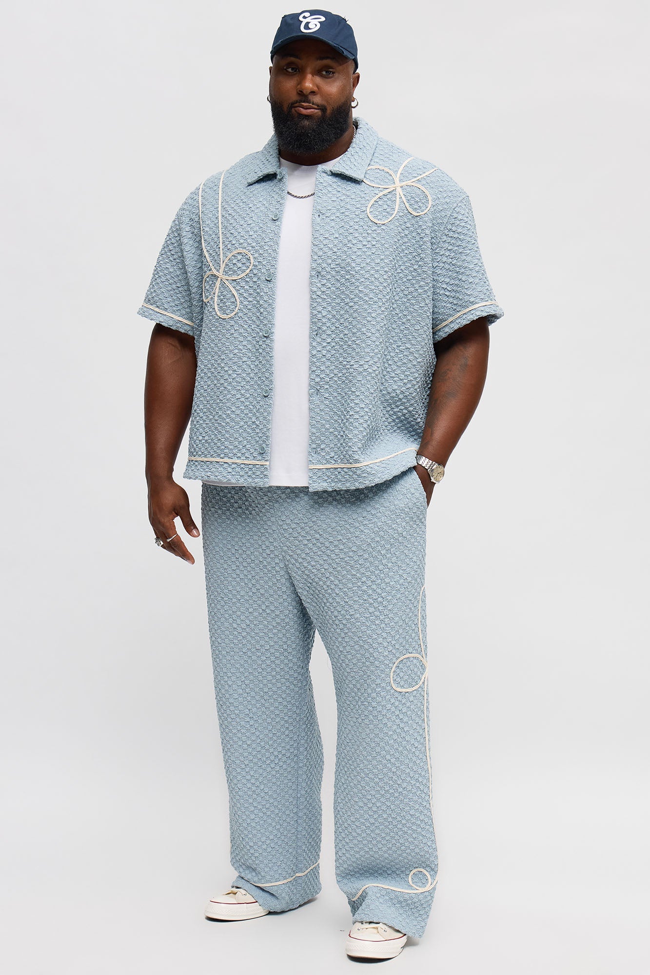 Boxy Soho Weave Applique Textured Button Up Shirt - Light Blue