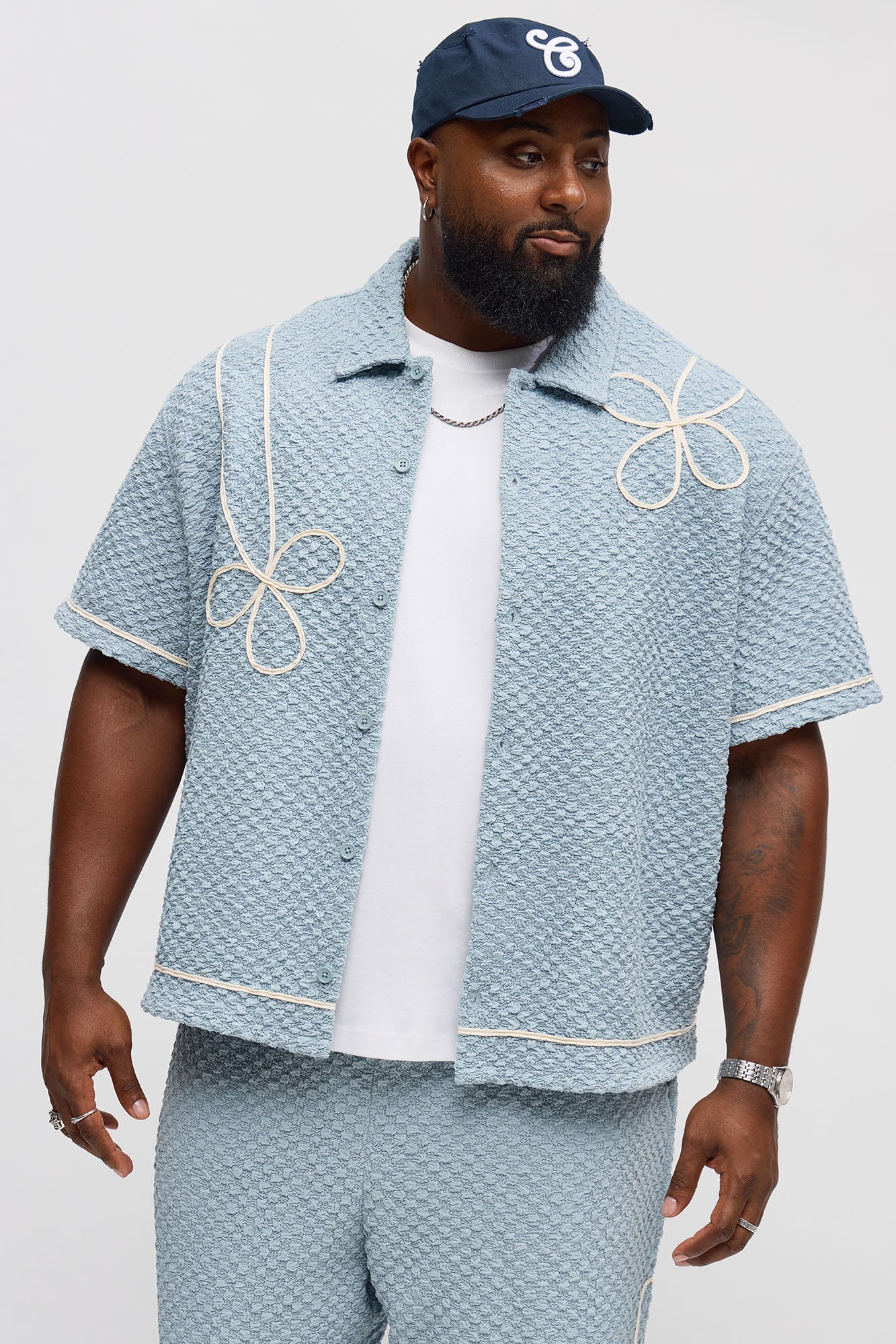 Boxy Soho Weave Applique Textured Button Up Shirt - Light Blue
